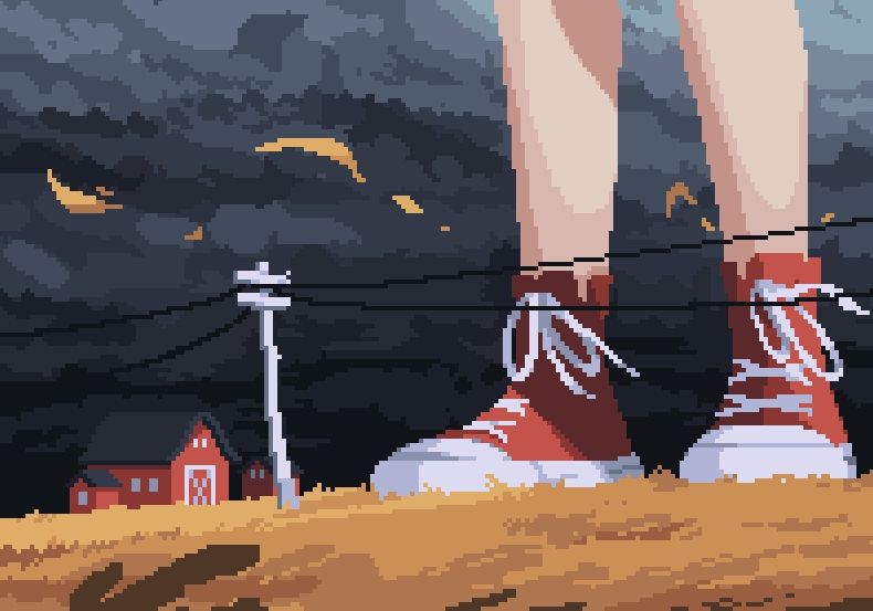 pixel art sketch of a yellow field with black storm clouds above. a giant person stands in the midground wearing red converse
