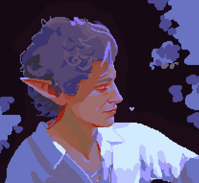 pixel art of astarion from baldur's gate 3. the colour scheme is oranges and purples and blues