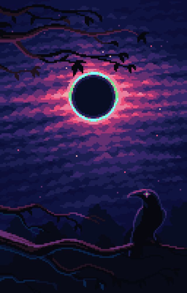 pixel art of an eclipse in a night sky. the palette goes from bright pink to purple to dark blue.
in the foreground a crow with a glowing eye sits on a tree branch.