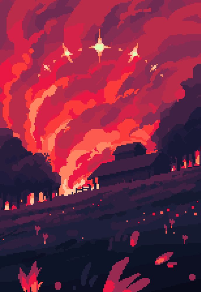 pixel art sketch of  a house on a hill in front of a red sky with twisting winding clouds