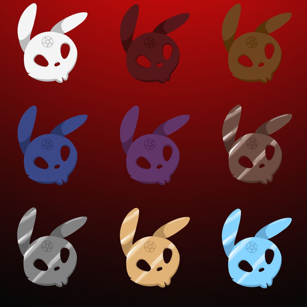 9 bunny skulls with pentagrams on their head in a variety of colours