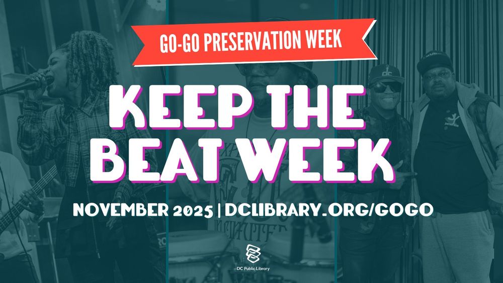 Promotional banner for Go-Go Preservation Week titled "Keep the Beat Week" happening in November 2025. The image features a group of musicians and has a vibrant background with the URL dclibrary.org/gogo for more information.
