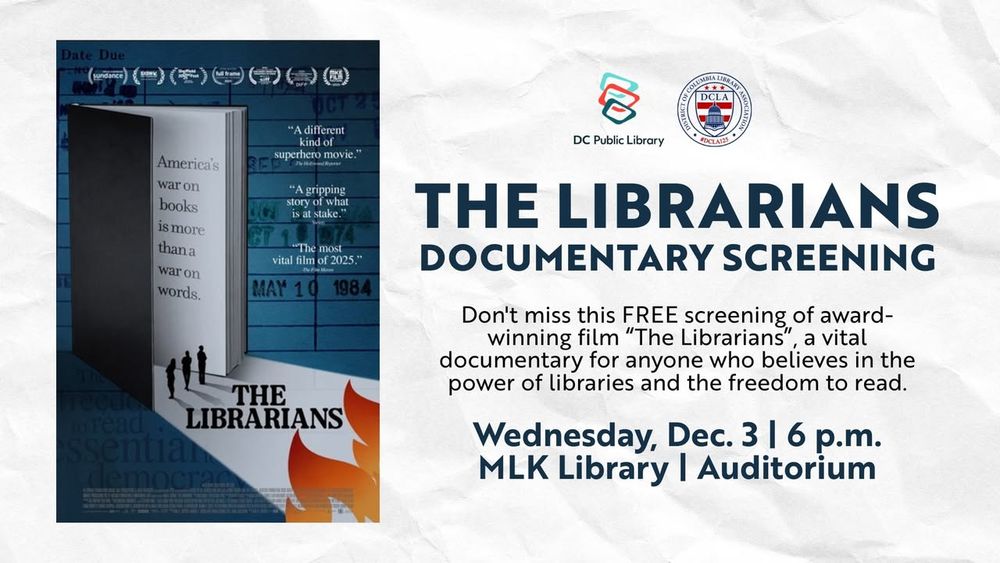 Promotional image for a free screening at the MLK Library featuring the documentary "The Librarians." The event is set for Wednesday, December 3, at 6 PM. The graphic includes silhouettes of three individuals and images of books with one titled "1984" by George Orwell. Logos of DC Public Library are visible.