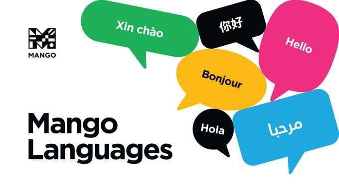 Logo of Mango Languages accompanied by colorful speech bubbles containing greetings in various languages including Mandarin, Japanese, French, Spanish, and Arabic.
