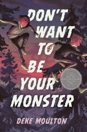 The book cover for "Don't want to be your monster" by Deke Moulton. Two boys leap through tree tops from left to right. Their eyes are glowing red and trailing faint wisps of red light. The style is illustration with a muted color palette except for a red sunset and the Red eyes. 
