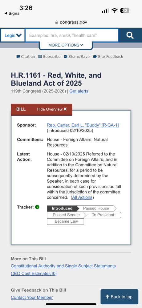 Screenshot from the congress.gov site of introduced bill HR 1161 Red, White, & Blueland Act of 2025 