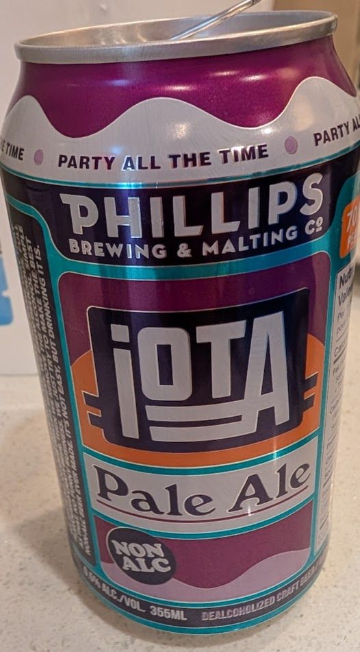 beer can - Phillips brewing and malting co - fancy logo "iOTa" Pale Ale, Non Alc, 355 mL, "party all the time"
