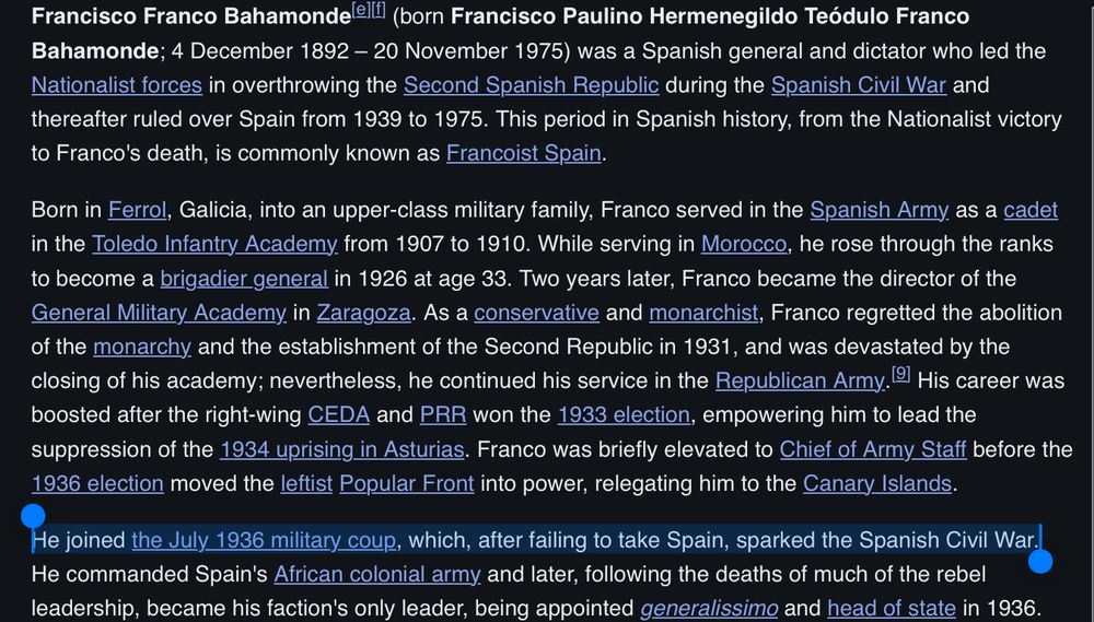 Screenshot of the Wikipedia article on Francisco Franco