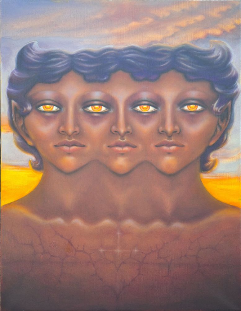 Oil painting of three faces human with thorn tattoo in front of sunset