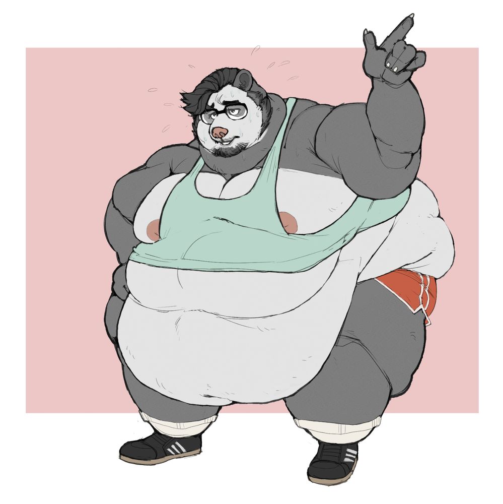A fully colored drawing of a large, obese panda pig, one hand on their side, leaning forward, trying to catch their breath, one flabby arm held up. Their face is exasperated and sweaty, looking completely exhausted. Their belly sags past their knees in this position, the teal tank top riding up, completely inadequate in covering their gut, with their flabby tits visible around the shoulder straps. Comically tight red and white dolphin shorts are being pulled down by a pile of ass fat. Their massively fat thighs cascade downward into a pair of black, gum-soled trainers.