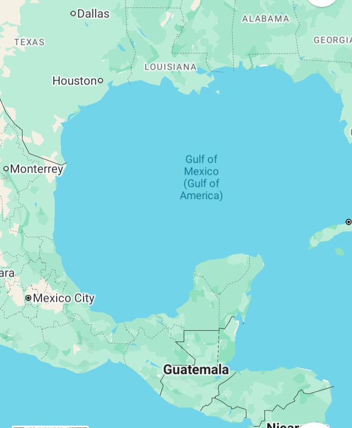 Screenshot of Google maps showing area of ocean between Mexico and Florida. Label reads "Gulf of Mexico (Gulf of America)"