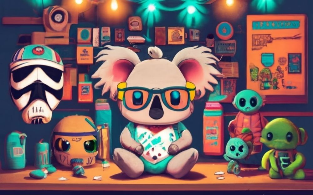 Ein süsser Koala mit Brille in der Mitte des Bildes. Im Hintergrund viele kleine nerdy collectables wie Figuren, Masken und Bücher. Dazu hellblaue und gelbe Lichterketten.