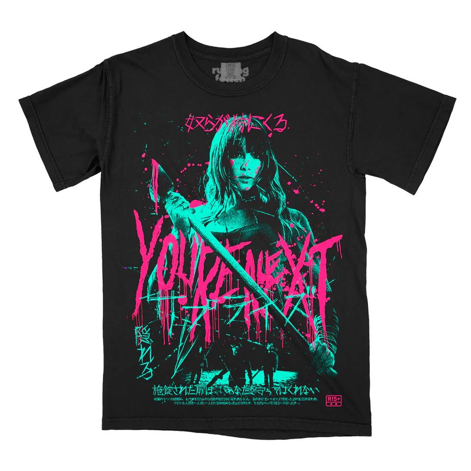Rucking Fotten shirt for the movie YOU’RE NEXT showing Sharni Vinson holding an axe and three killers wearing animal masks.
