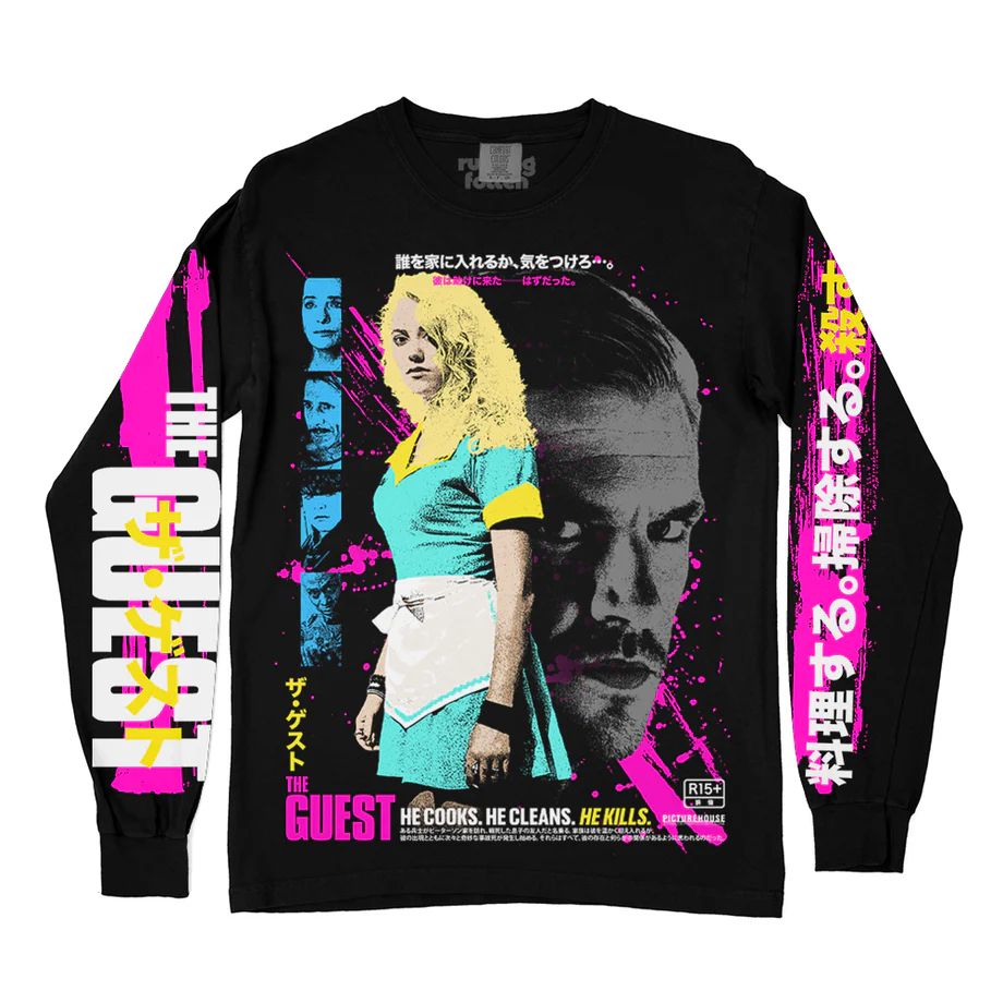 Long-sleeve shirt for THE GUEST showing various actors from the film including Dan Stevens and Maika Monroe