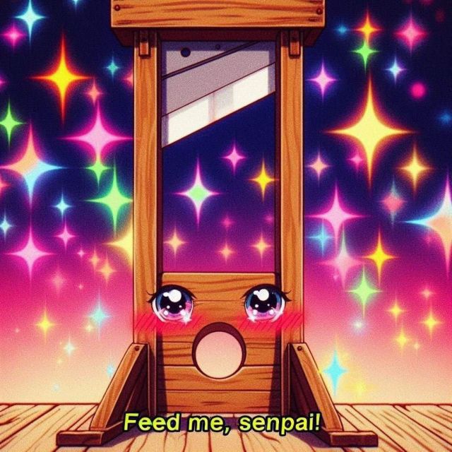 Photo of a guillotine with sparkles and eyes. The caption reads “feed me, senpai” with the mouth acting as the hole for the head