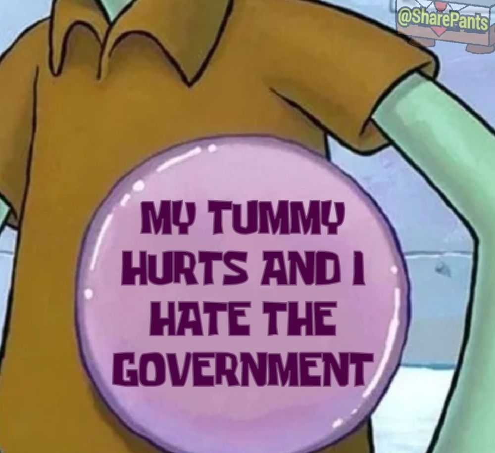 A photo of Squidward from Spongebob wearing a pin that says “my tummy hurts and I hate the government”