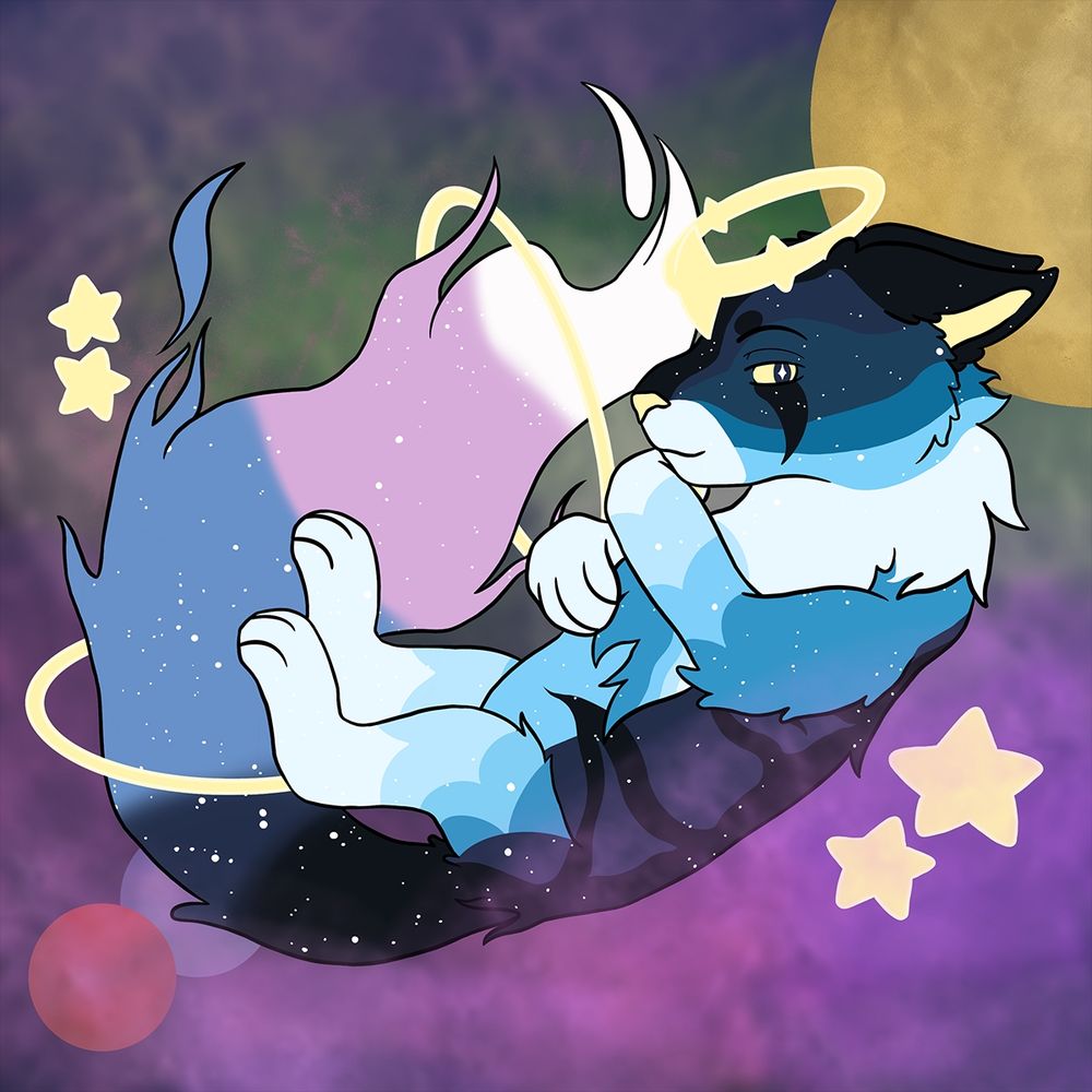 A full body image of a heavenly, lionlike goddess floating through space. She is lying on her side, with her back feet relaxed and her front feet holding herself like a hug. She looks as if she has only recently awoken from an eons long sleep, happily floating between the planets. Just behind her head is a large, yellow celestial body and two more (one red, one purple) are twinned near her tail. A purple and green, nebula like mist is seemingly supporting the lion like a plush bed. Two sets of twin stars float around her, one just by her spine and the other near her tail. 
Stars shine throughout her body, shown as white dots along her back, arms, head, and tail. Her back is a navy blue colour with extremely dark, almost black, blue stripes snaking around her ribs and down to the base of her tail. Speaking of her tail, the colour shifts in banded gradients, with that black-blue colour at the base moving into the navy colour, then to a dusk-like light blue, then to pink, and finally white at the tip of her tail. Around where the colour shifts from navy blue to light blue -- as well as where the pink meets white -- are yellow, halo like hoops. The tail itself seems to whisp away, like flames. 
Her arms feature a similar colour shift, though with different colours. Her shoulders, and hips, are a darker turquoise, steadily shifting in tone to white near her feet and fore-paws in bands down her legs and arms. 
A large ruff of white fur sits around her neck, leading into a similar banded colour gradient as her arms; moving from the white ruff up we have bands of a very light blue, steadily getting darker in tone (like the progression of a night sky) until we get to her ears and nose bridge which are both that very dark, almost black, navy blue colour. Atop her head is another halo, with one large diamond in the front centre flanked on either side with slightly smaller diamonds. Her eyes, nose, and the inside of her ears is a pale yellow, and her muzzle is white.