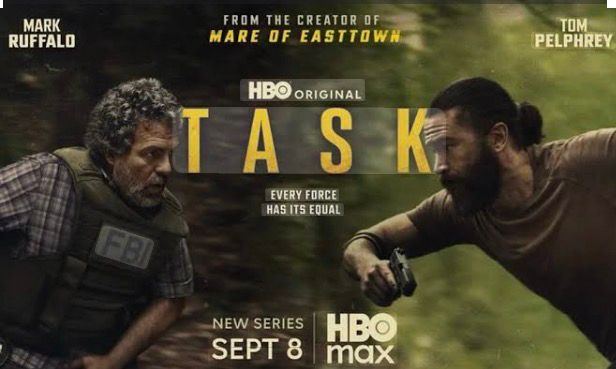 Poster showing Task text with 2 men snapped mid run