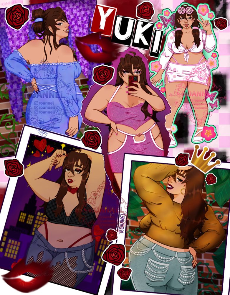 My oc yuki in a early 2000s magazine inspired spread. She is fat with long brown hair & is wearing various outfits