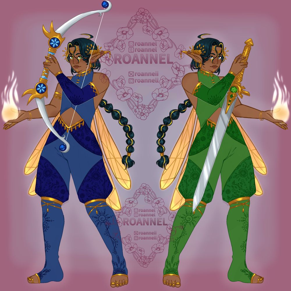 two faerie ocs with thin dragonfly like golden wings and matching outfits. Nandina is in a blue holding a bow & Lantana is in a green holding a sword. both have flaming light magic in their off hands.