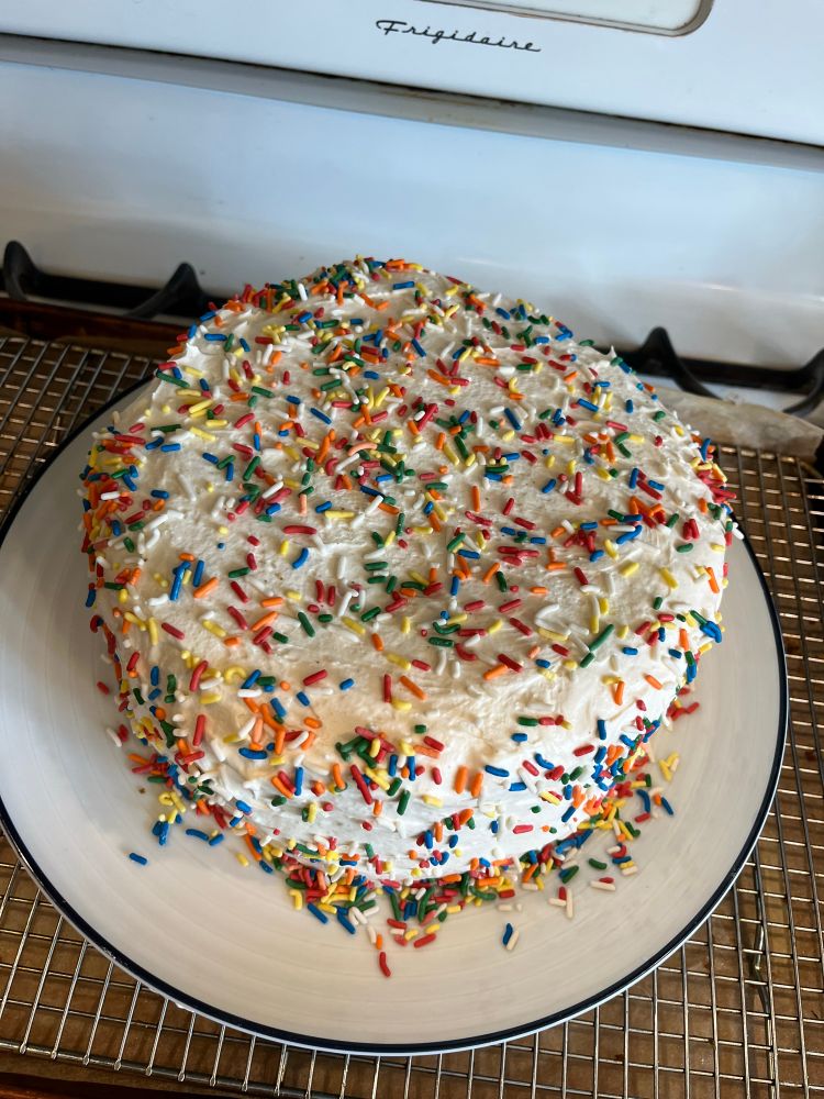Two layer cake with white vanilla marshmallow frosting, covered in rainbow sprinkles 