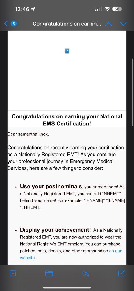 NREMT passing notification email 