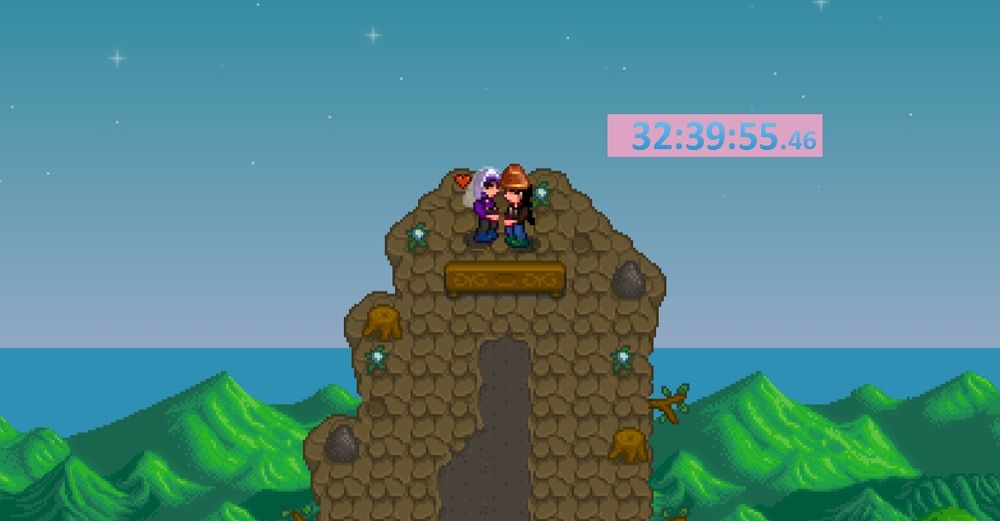 A photo in the summit area of Stardew Valley of two farmers kissing. There is a timer on the screen that says 32:39:55.46