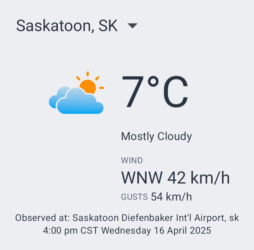 Screenshot from Environment Canada app for Saskatoon. 7°C, WNW 42 km/hr, gusts 54 km/hr. 