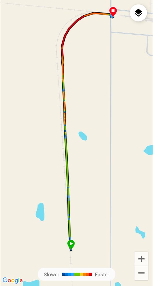 Map showing the pace of my run down the rail trail toward Humboldt. The colours show my pace increasing as we run back toward town. The pace stops and starts as I stop to yell at the coyote and a slowdown as I call my sister-in-law. 