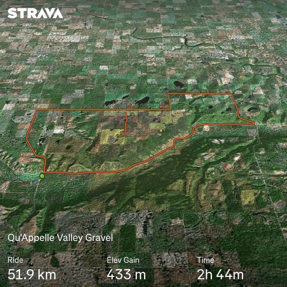 Map showing my route following gravel roads north of the Qu'Appelle river and valley. 51.9 km, 433 m, 2h 44m.