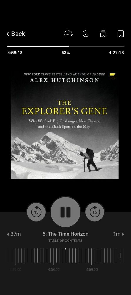 Screenshot of The Explorer's Gene in the app Libby. The cover shows a mountaineer hiking on snow under the weight of a pack with mountain peaks in the background. 