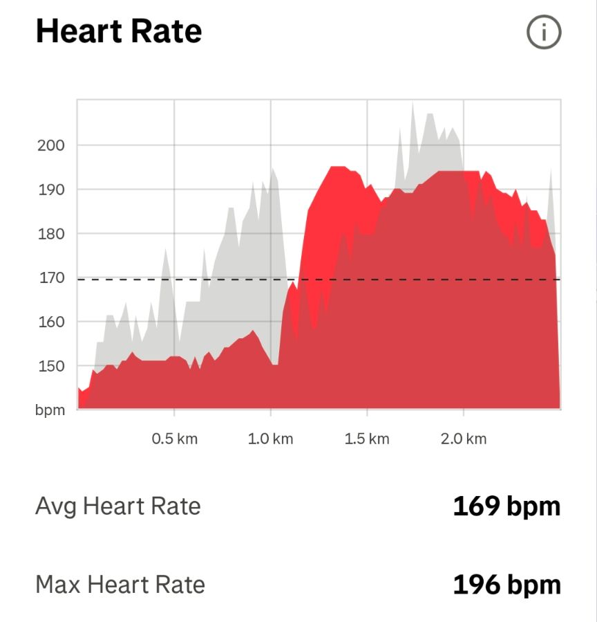 Heart rate chart from Strava showing the low HR of the cool-down run then the HR climbing to my max as we were followed by the coyote. 