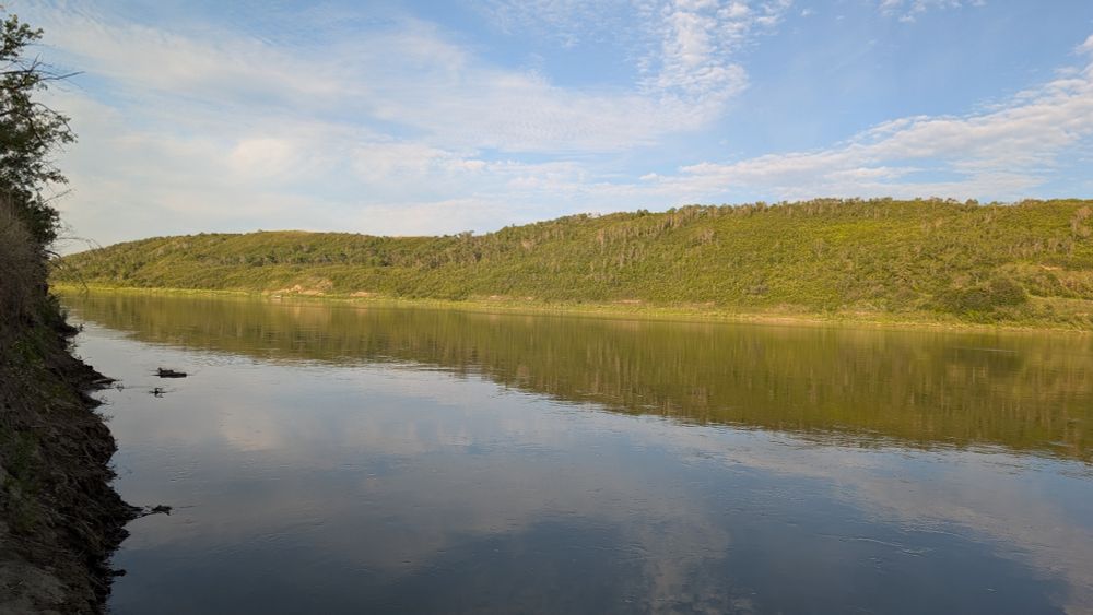 Mirror water surface of the North Saskatchewan River nearing sunset. The riverbanks are forested. 