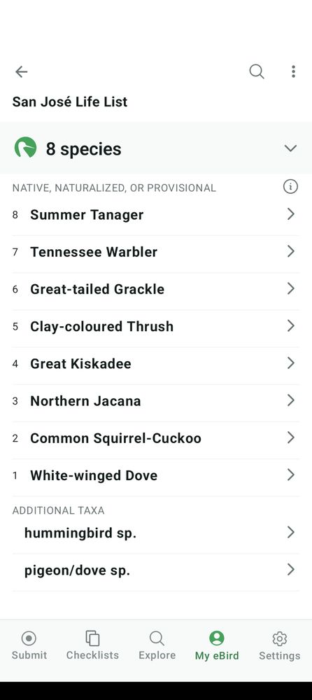 Screen shot of the day's birds as shown on e-bird. 8 species plus a couple that I couldn't completely narrow down. 