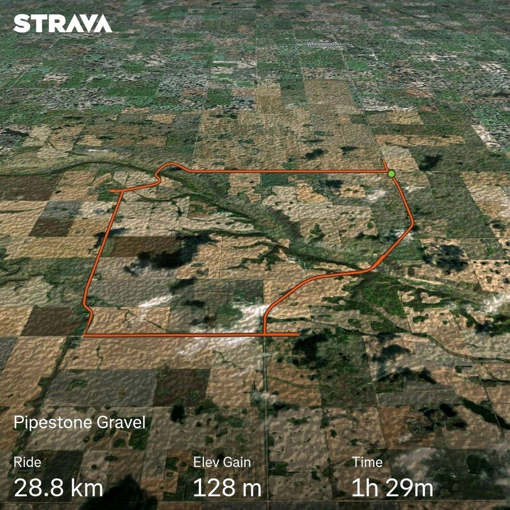 Map of my route around Pipestone Creek through Saskatchewan farmland. 28.8 km, 1h 29m. 