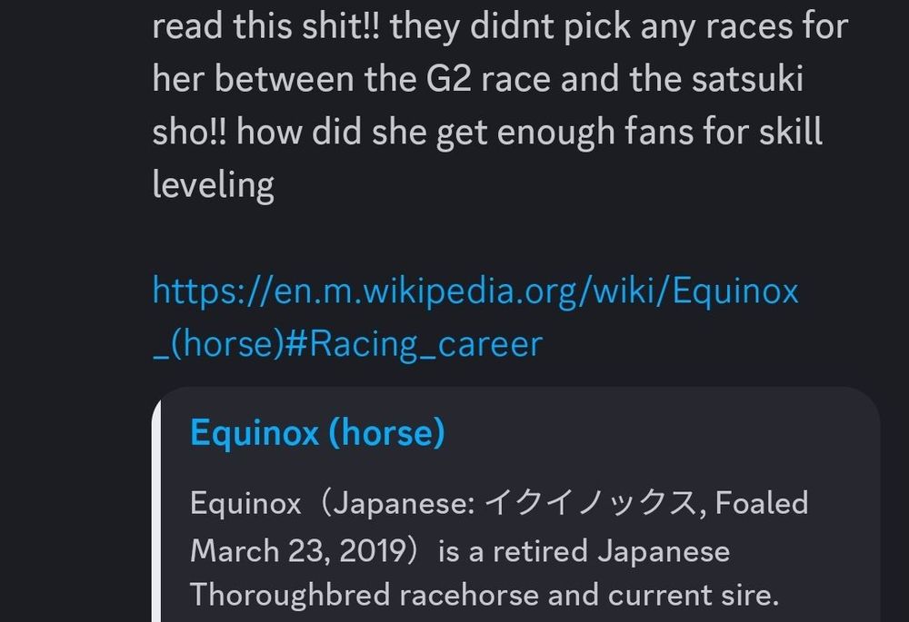 A screenshot of a discord message remarking that, with choices like that, Equinox won't have enough fans to level up her signature skill in senior year