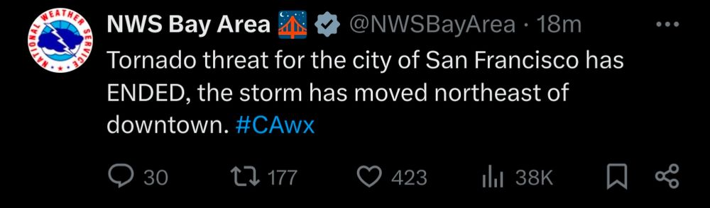NWSBayArea Tornado threat for the city of San Francisco has ENDED, the storm has moved northeast of downtown. #CAwx