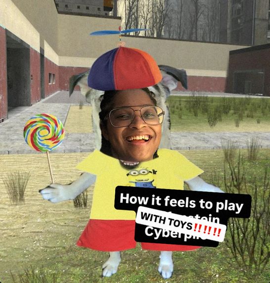 A dog with a propeller hat, yellow minions t-shirt, red shorts and swirl lollipop with anarchy's face photoshopped over top of it. The text reads "How it feels to play Wolfenstein: Cyberpilot" with the game titled crossed out and covered with "WITH TOYS!!!!!!"