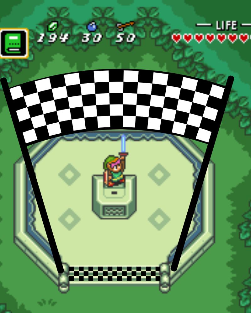 An image of a character dressed in green holding up a sword, standing on a peadastal. There has been a finish line overlayed on the image. 