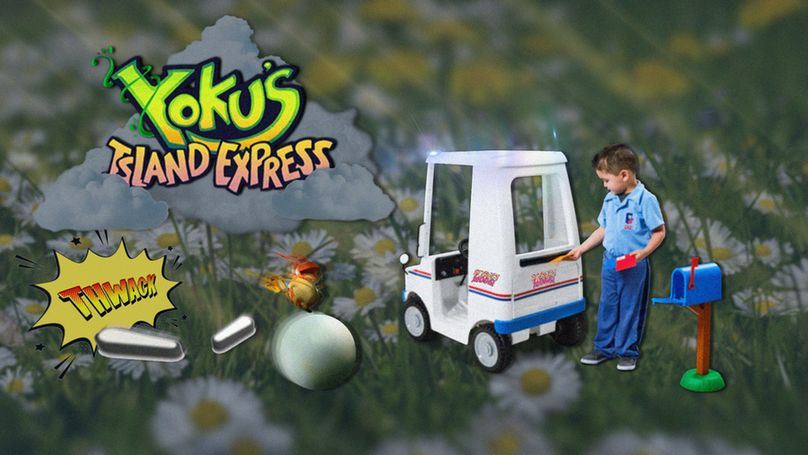 Yoku's Island Express logo surrounded by clouds with crepuscular rays shining over a field of daisies. Yoku rides a pinball with flappers flinging it forward with a comic book THWACK behind them. An Attract Mode! mail man delivers mail to a plastic mail box.