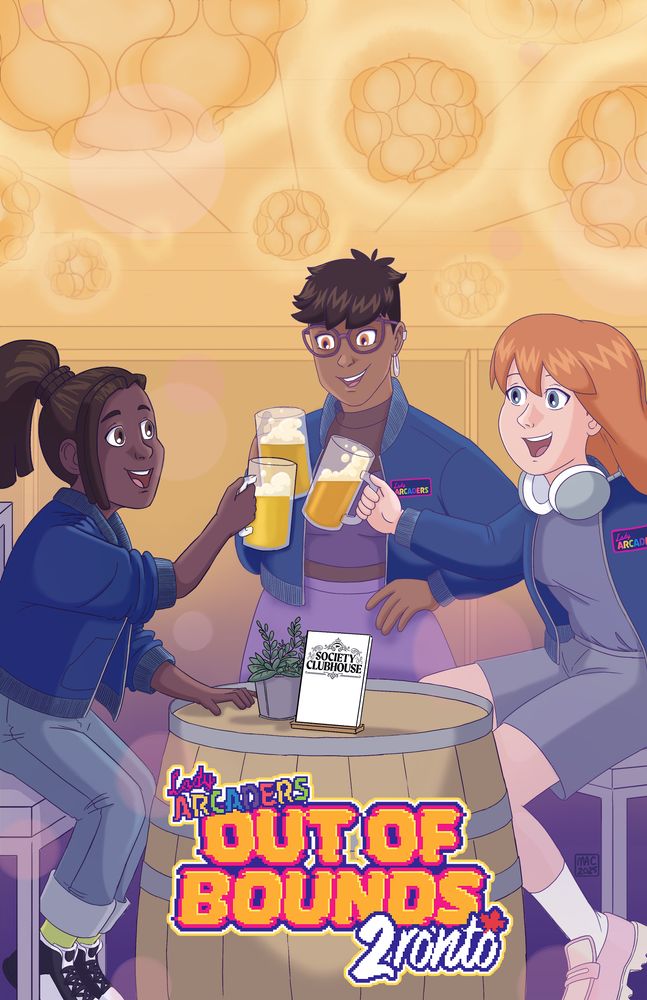 Sprite, Glitch, and K8 having drinks together at Society Clubhouse, excited for Out of Bounds 2ronto!