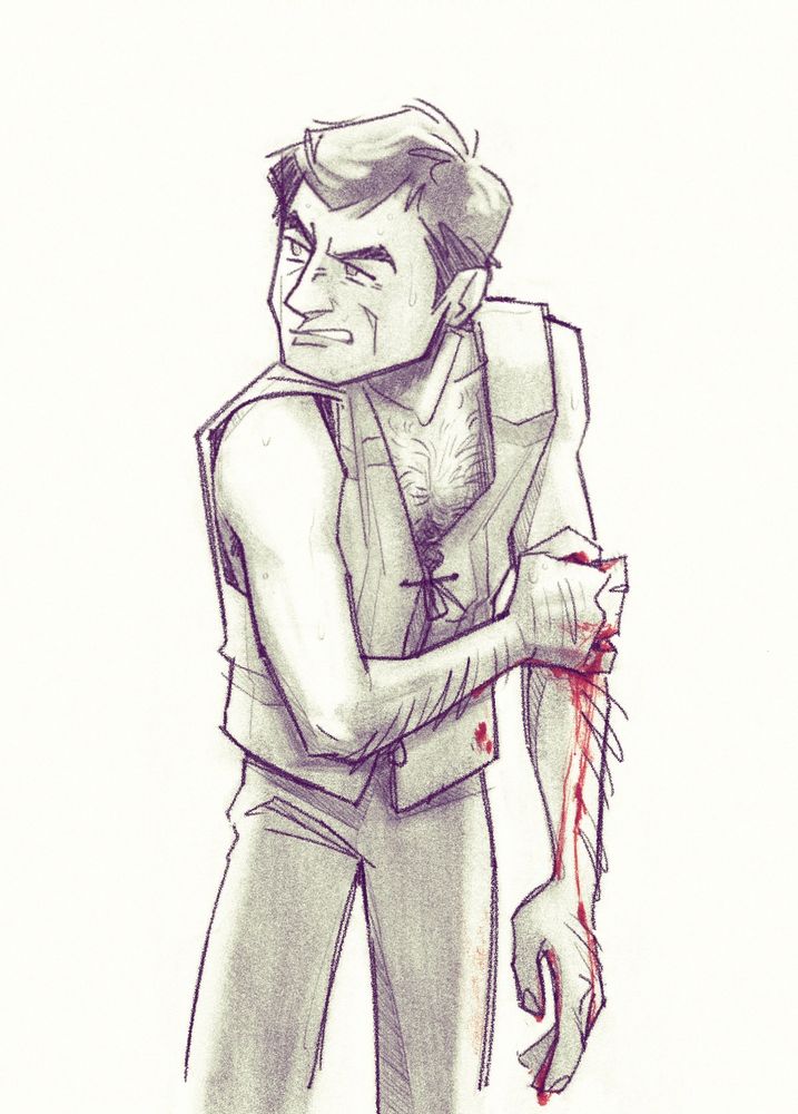 mccoy in his outfit from a private little war, bleeding from his left arm and wincing