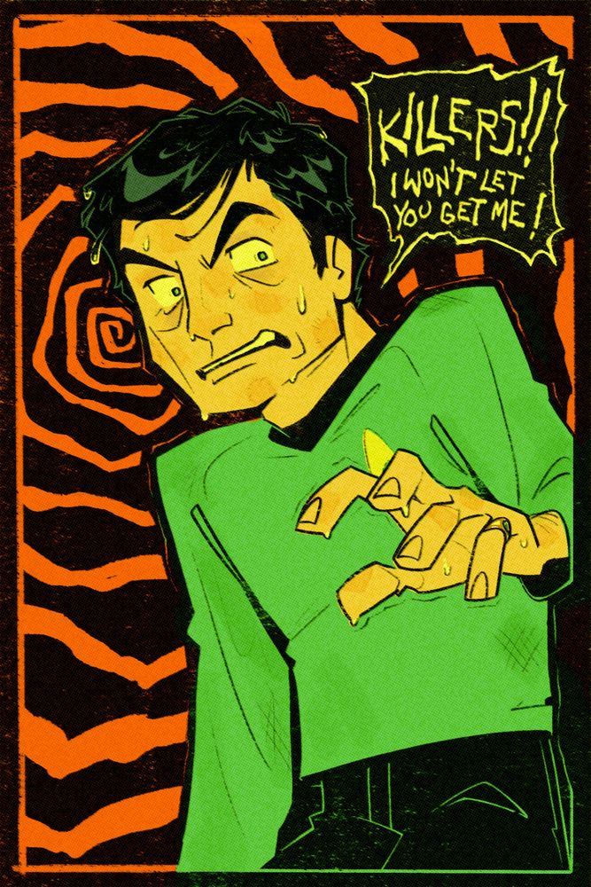 drawing of mccoy all sweaty and freaking out from his cordrazine overdose in city in the edge of forever, shouting “KILLERS!! i won’t let you get me!”