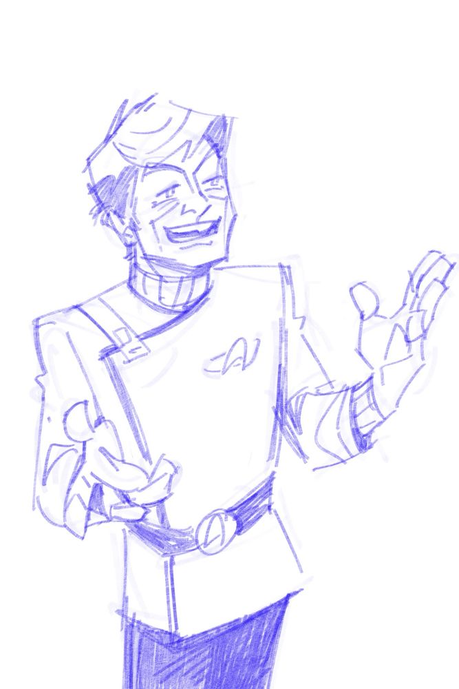 sketch of bones in wrath of khan uniform smiling and gesturing with his hands