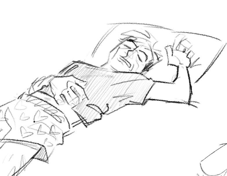 sketch of bones in black t shirt and cartoony heart boxers sleeping on his back