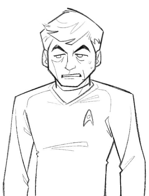 bones in long sleeve tos uniform standing and looking vaguely uncomfortable 