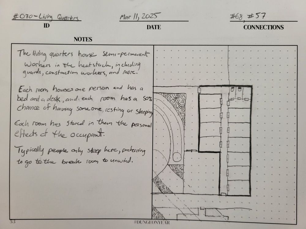 The living quarters house semi-permenent workers in the heat stack, including guards, construction workers, and more.

Each room houses one person and has a bed and a desk, and each room has a 50% chance of having someone, resting or sleeping. Each room has stored in them the personal effects of the occupant.

Typically people only sleep here, preferring to go to the break room to unwind.

---

Right panel: an overhead view of a room with many cells for bedrooms.