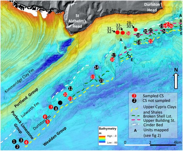 Multibeam Echo Sounding (MBES) of sea floor (colour bathymetric scale) and digital elevation onshore (grey scale) images of study area. Circular structures (CSs) are numbered as per Table 1 and those dived and sampled coloured red. Prominent ledges mapped on this seafloor MBES image are marked with dashed coloured lines and define informal units A–D in the Purbeck Limestone Group. Note the circular structures are mainly restricted to the Durlston Formation and are not recognised to the west of structures 1 and 2, or to the east of structure 26. (After Boscence et al., 2018).