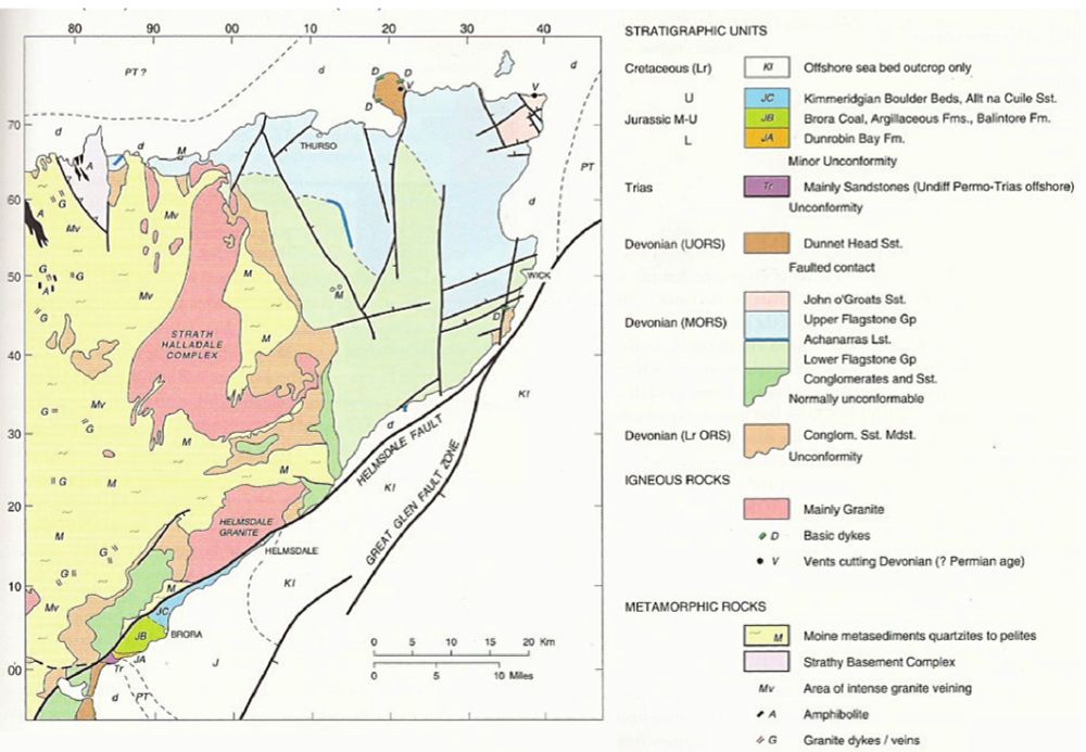 Sketch map of the geology of East Sutherland and Caithness (modified from Trewin & Hurst, 2009).