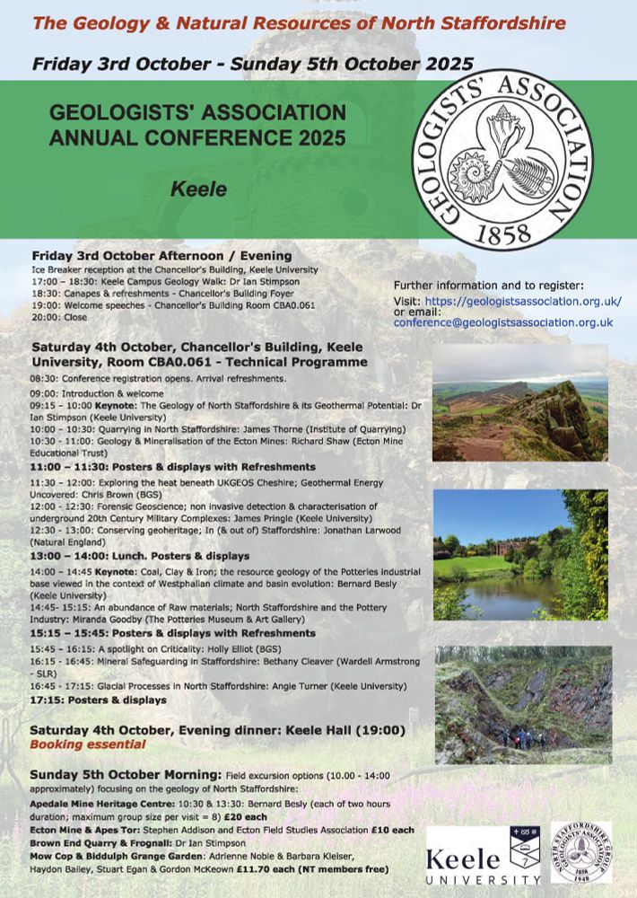Booking is now open for the Geologists' Association 2025 Annual Conference in Keele, Staffordshire, 3rd-5th October.